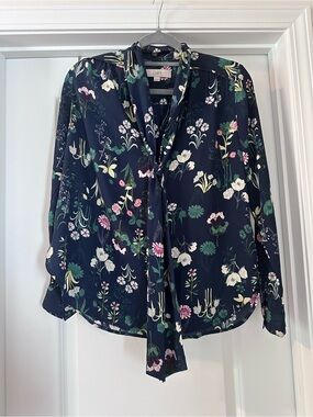 LOFT Navy Floral Tie-Neck Blouse with Green and Pink Accents